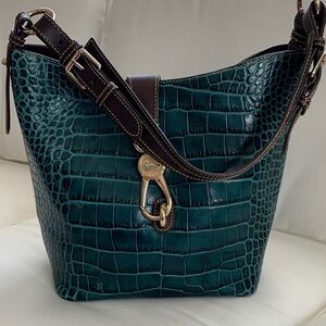 EUC - Elegant Teal Crocodile-Embossed Dooney & Bourke Logo Lock Shoulder Bag